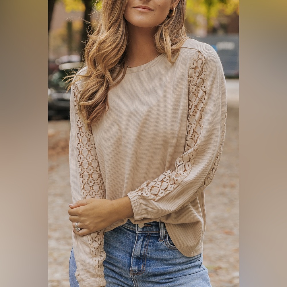 Beige Lace Sleeve Waffle Knit Top - Picture 9 of 9